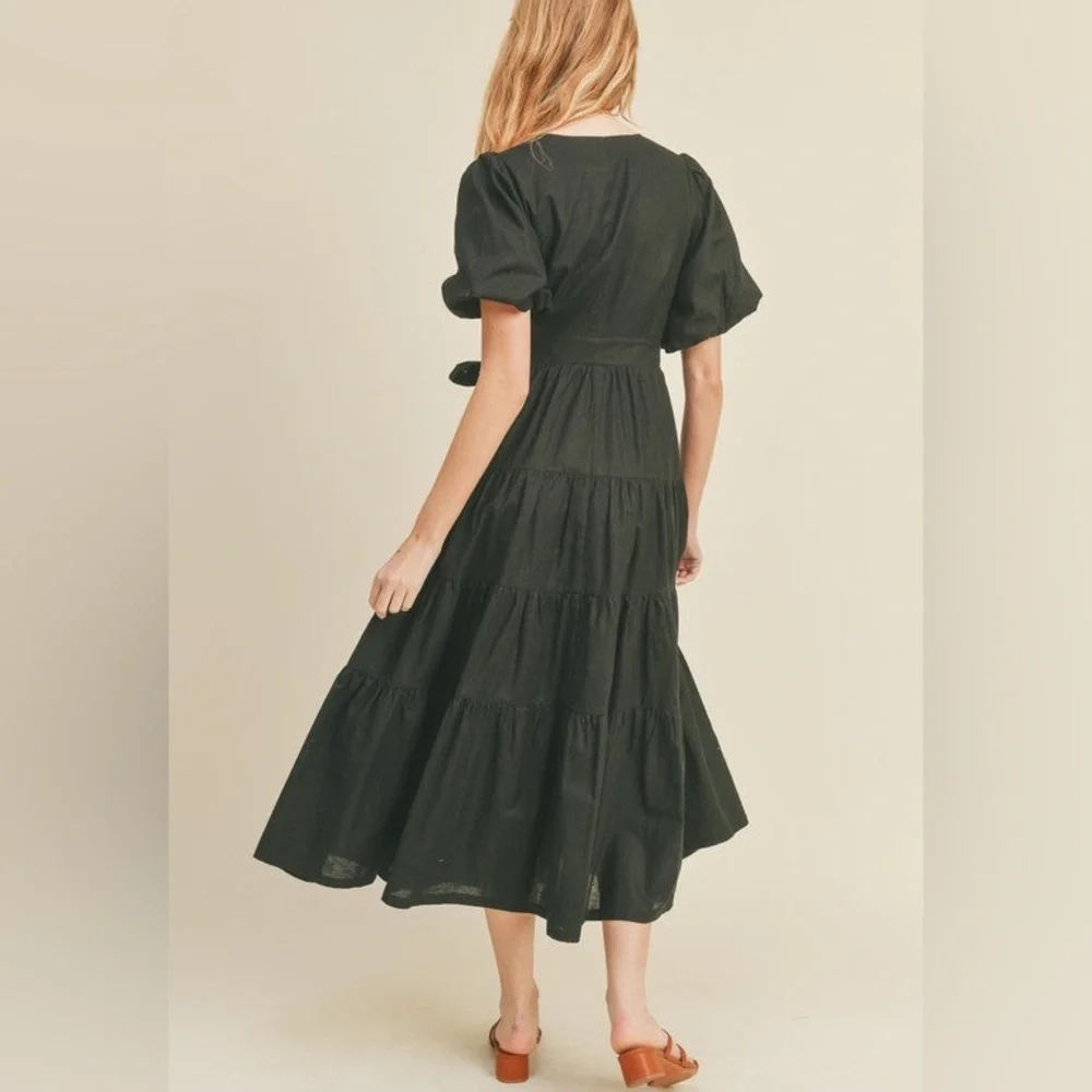 Puff sleeve wrap dress linen cotton midi nwot_3